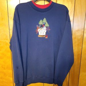 Vintage Snowman Sweatshirt XL Crew Neck Mock Neck NAVY BLUE Christmas Time F1